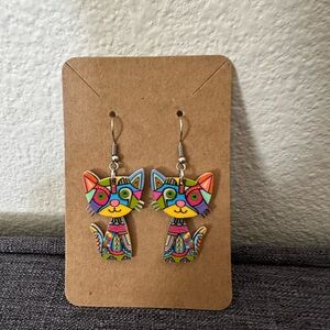 Multicolored cat earrings. Dangly. Playful. Cute. Kawaii. Maximalist vibes.